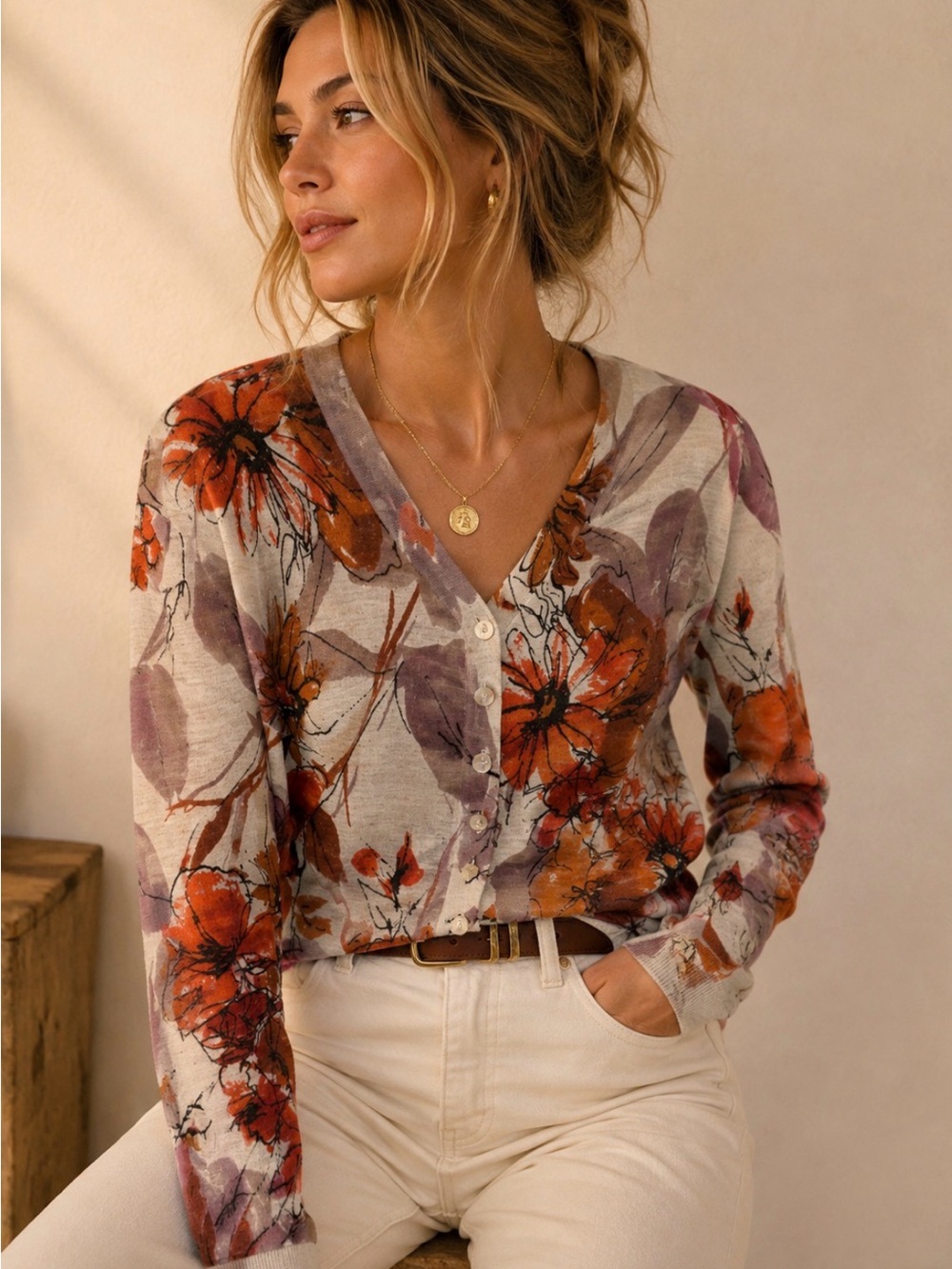 Coldwater Creek Linen blend Orange Floral Button-Front Cardigan